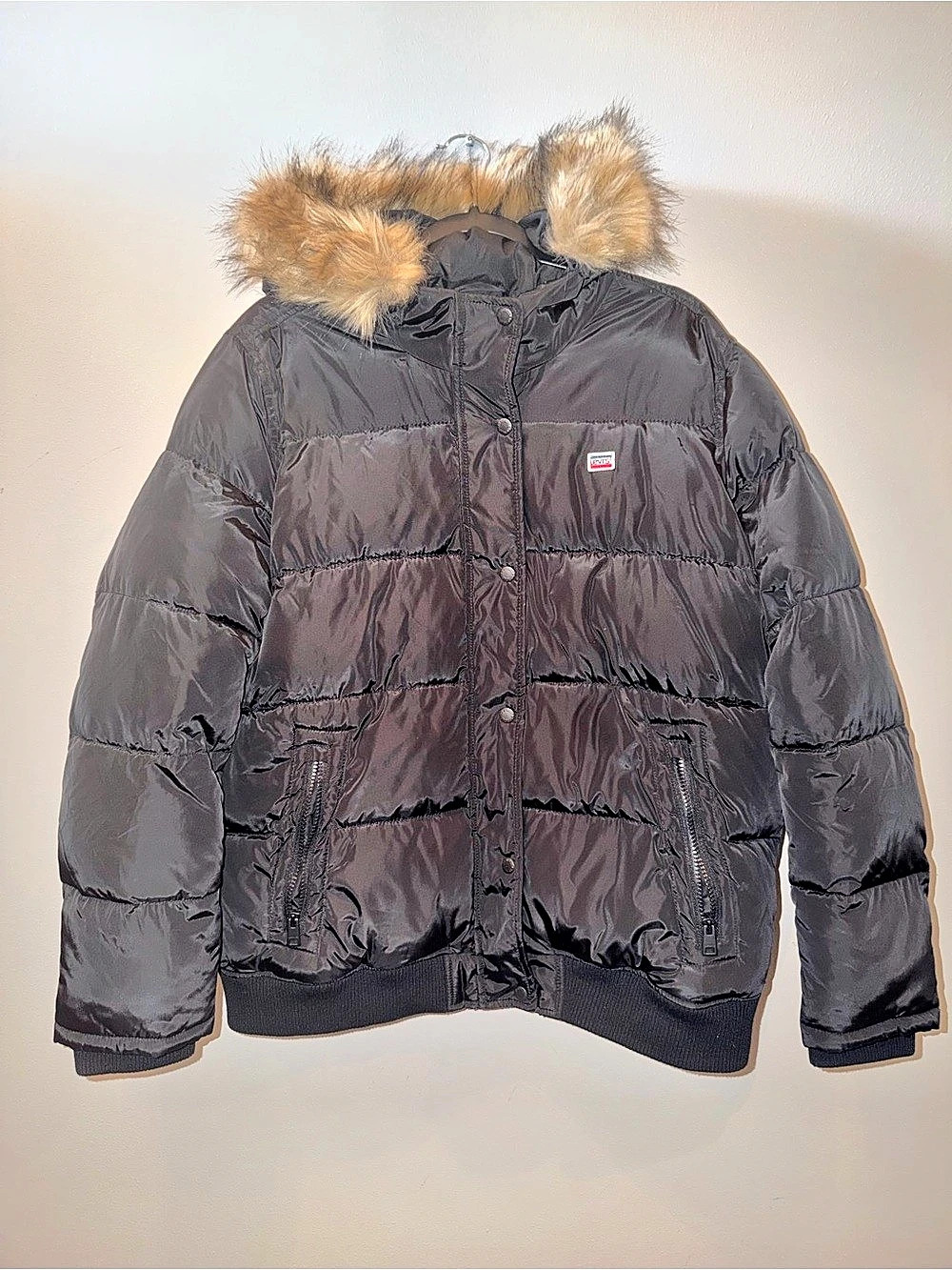 Levi's Hooded Quilted Puffer Jacket with Faux Fur Trim Black XL Gorpcore